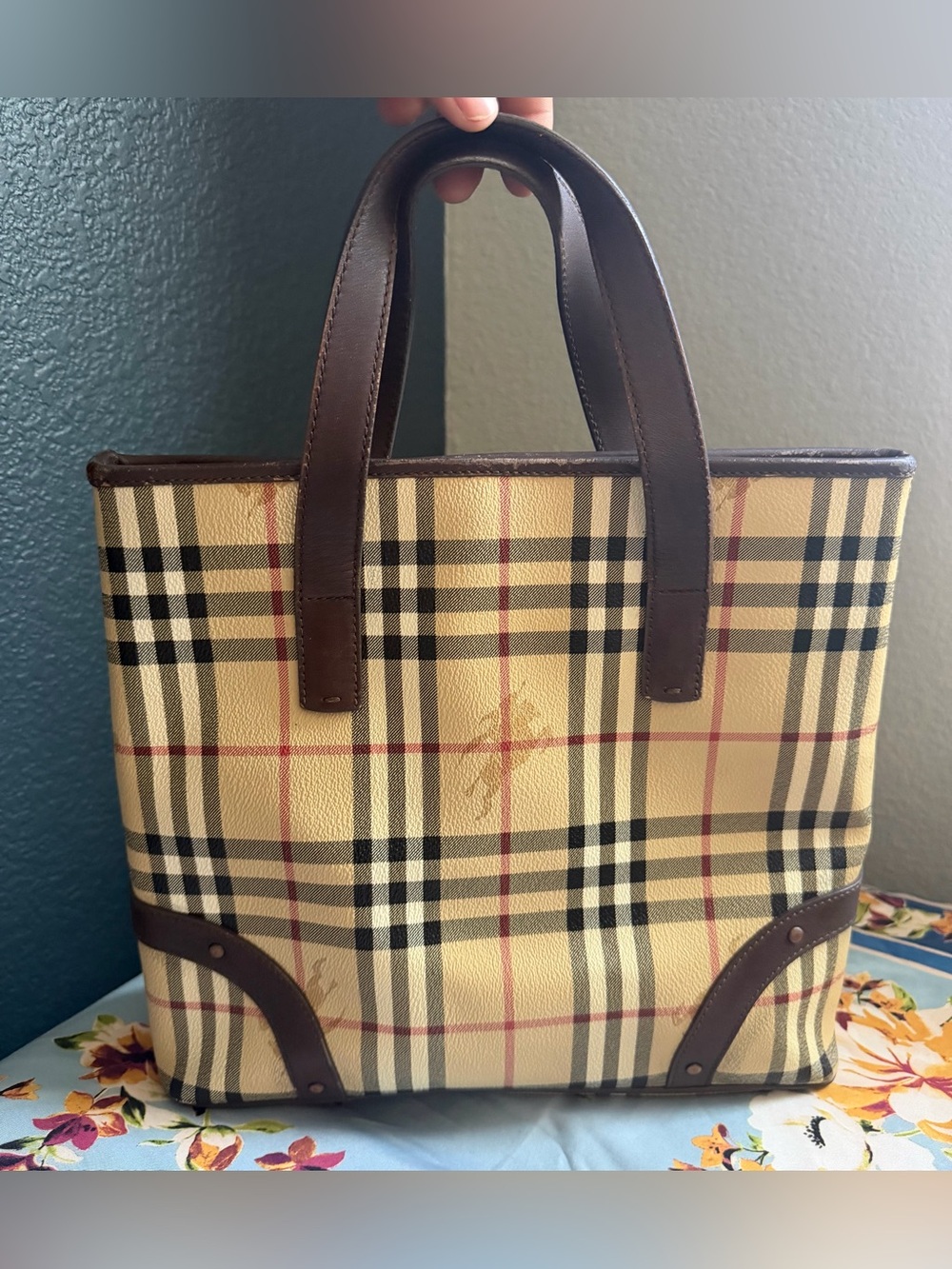 Burberry Beige Check Canvas Tote with Brown Leather Handles